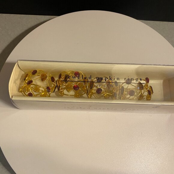 Jeweled Gold Holiday Napkin Rings Set of 4 – Red & Amber Gem Accents - Picture 9 of 10